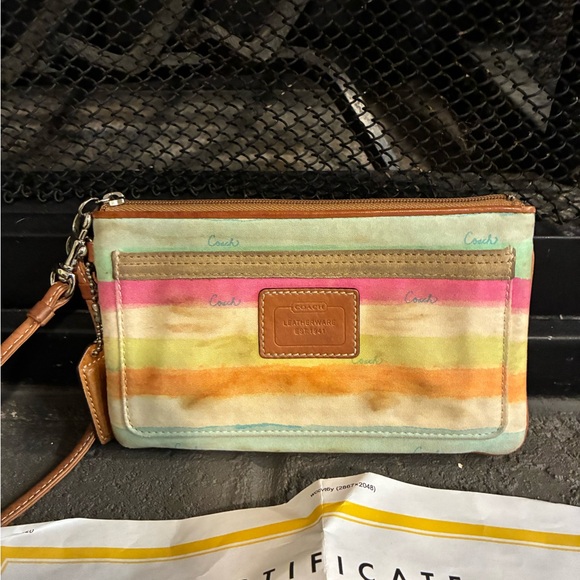Coach Handbags - Coach Pastel Multicolor Striped Wristlet with Tan Leather Trim